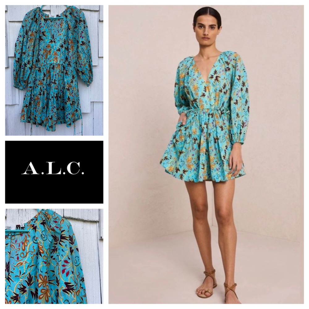 ALC Sally Dress Turquoise Floral Cotton Puff‎ Sleeve Mini V-Neck Size 2